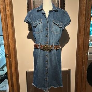 Denim Button-Up Dress with Brown Belt size 14 Faded Glory